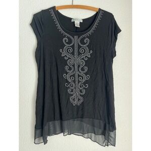 Vintage Suzie‎ Black Embellished Tunic Top Sheer Hem Size S